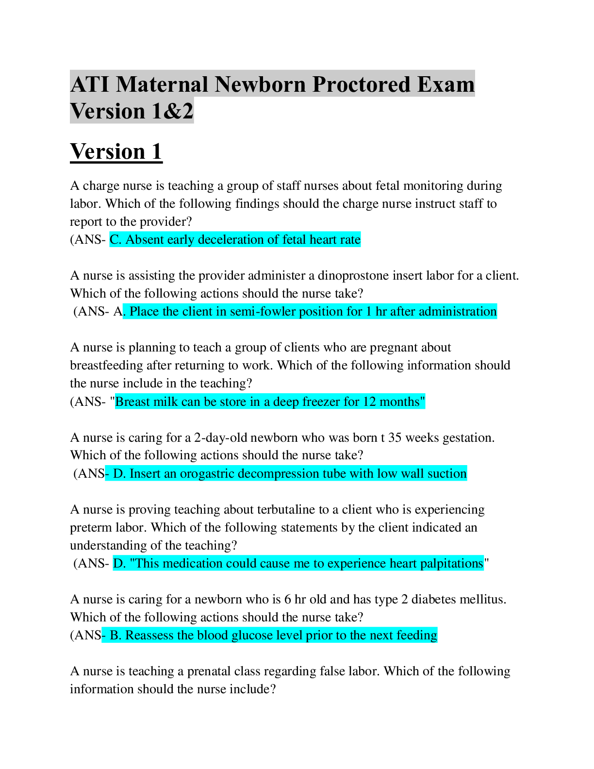 ATI MATERNAL NEWBORN PROCTORED   Version 1&2  Latest Updated | 110 Questions & Answers